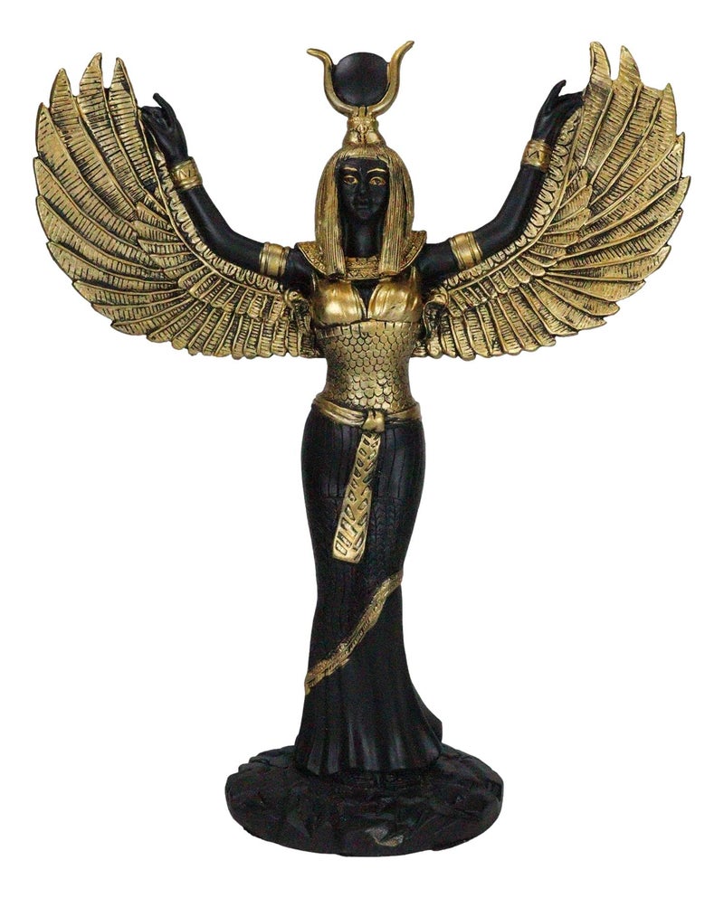 Ebros Gift Egyptian Goddess Isis Ra with Open Wings Statue 12" Tall Deity of Motherhood Magic Wisdom and Nature Home Decorative Sculpture Gods of Egypt Accent (Black and Gold) - Image 1